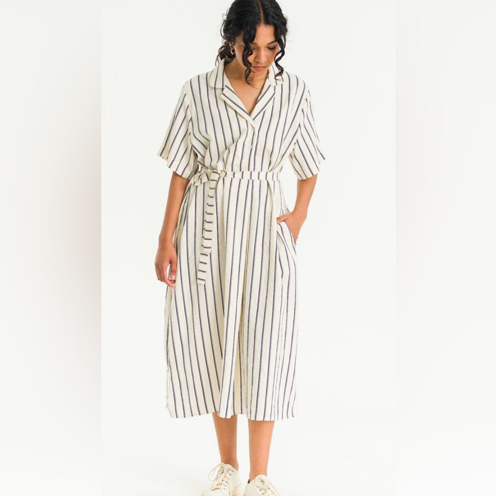 Olive Clothing striped cream and navy blue shirt dress